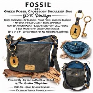 Fossil Y2K Vintage Green Leather Crossbody Bag Key Charm Brass Hardware
